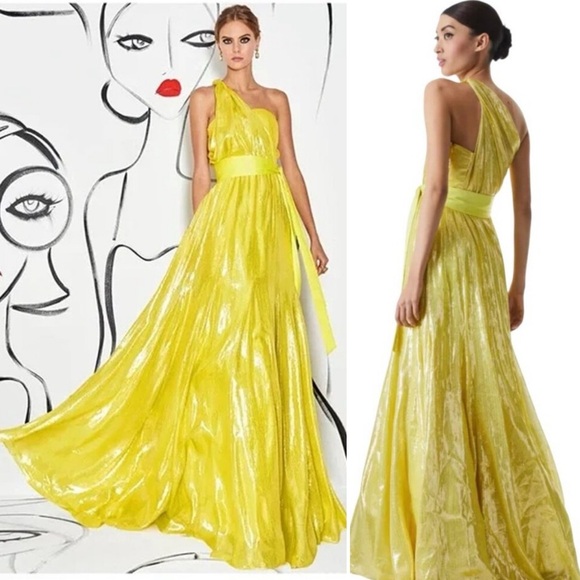 Alice & Olivia Milan One-Shoulder Gathered Metallic Gown in Lemon Sorbet - 4 - Picture 5 of 15